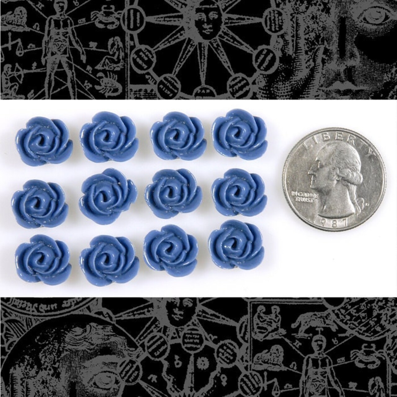 Denim Blue Rose Cameo Cabochons 13mm x 11mm - Set of Twelve - Flwr52